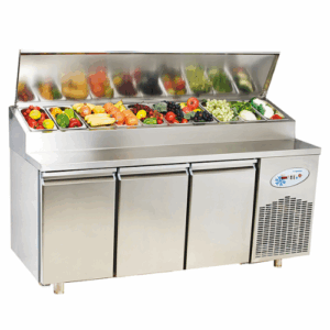 Kjølebenk/Pizzabenk | kjøltbrønn med hengslet lokk | 3dørs | 10×1/1GN | B186,5xD80xH109cm Frenox MPN3